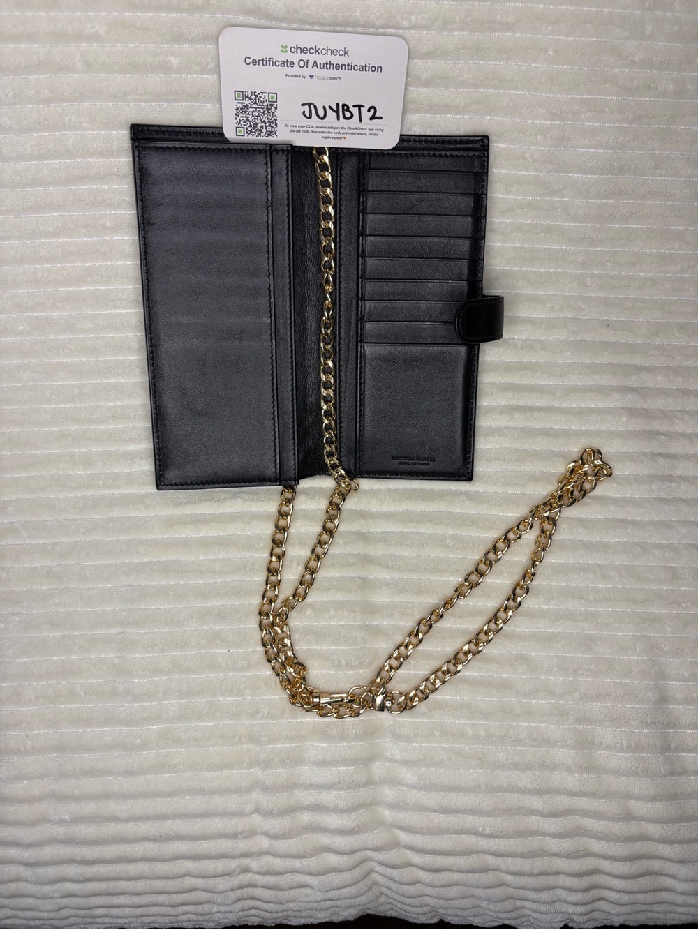 Bottega Veneta Black Leather Wallet with Gold Chain Accent